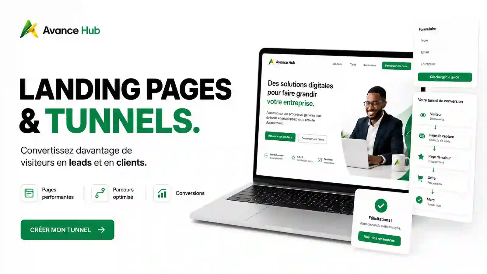 Landing pages et tunnels de conversion Avance Hub